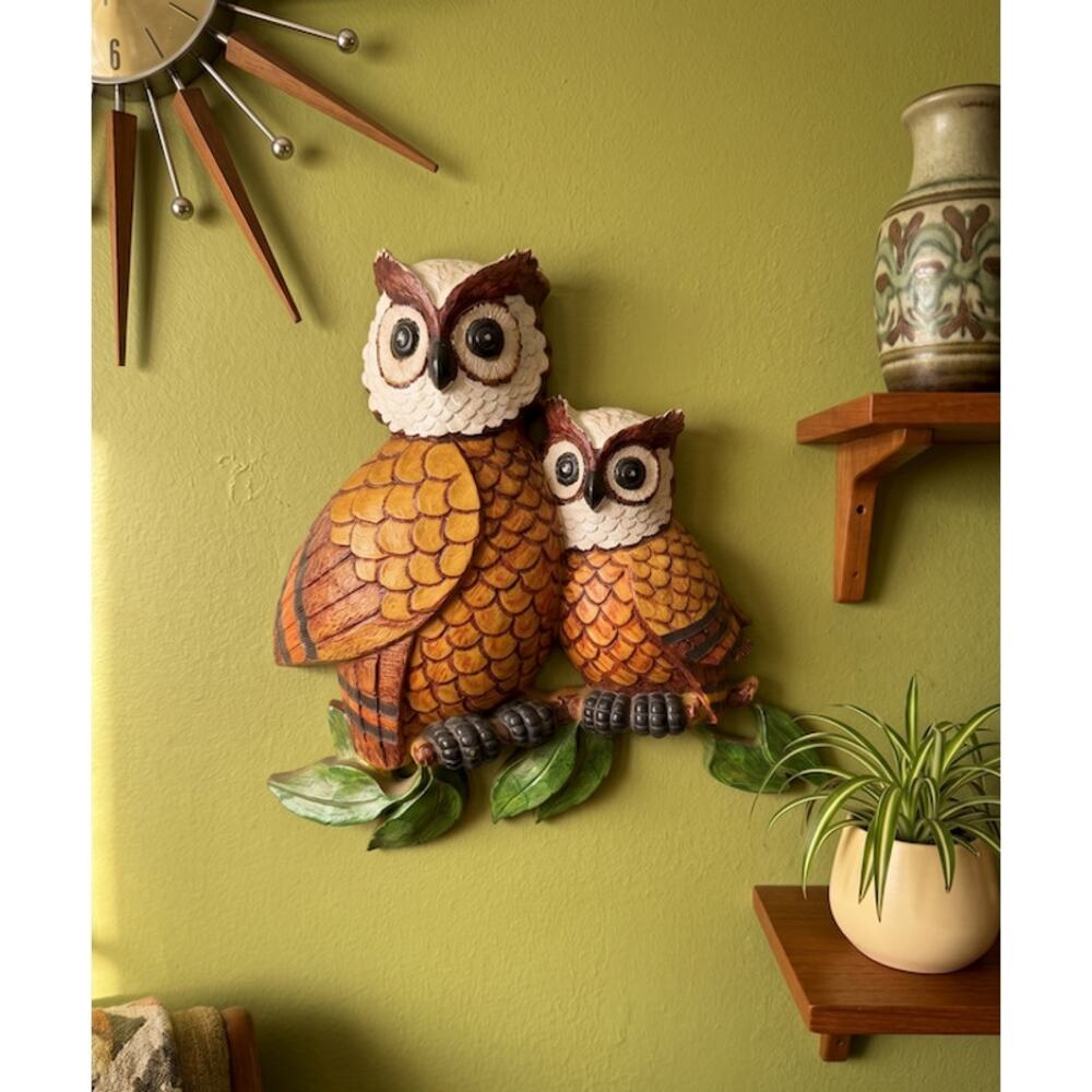 Vintage Owl Wall Hanging Retro 70s Decor Hand Painted Woodland Art Plaque